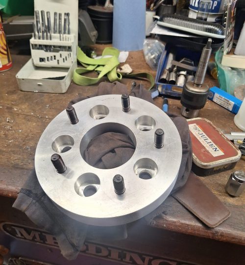 Wheel adaptors finished and fitted with 1/2" UNF. wheel studs from an MGB.